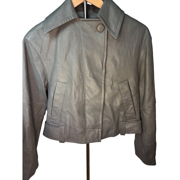 Vince Lambskin Cropped Leather Flight Jacket Muted Gray XXS Qversized New W Tags - Picture 4 of 11